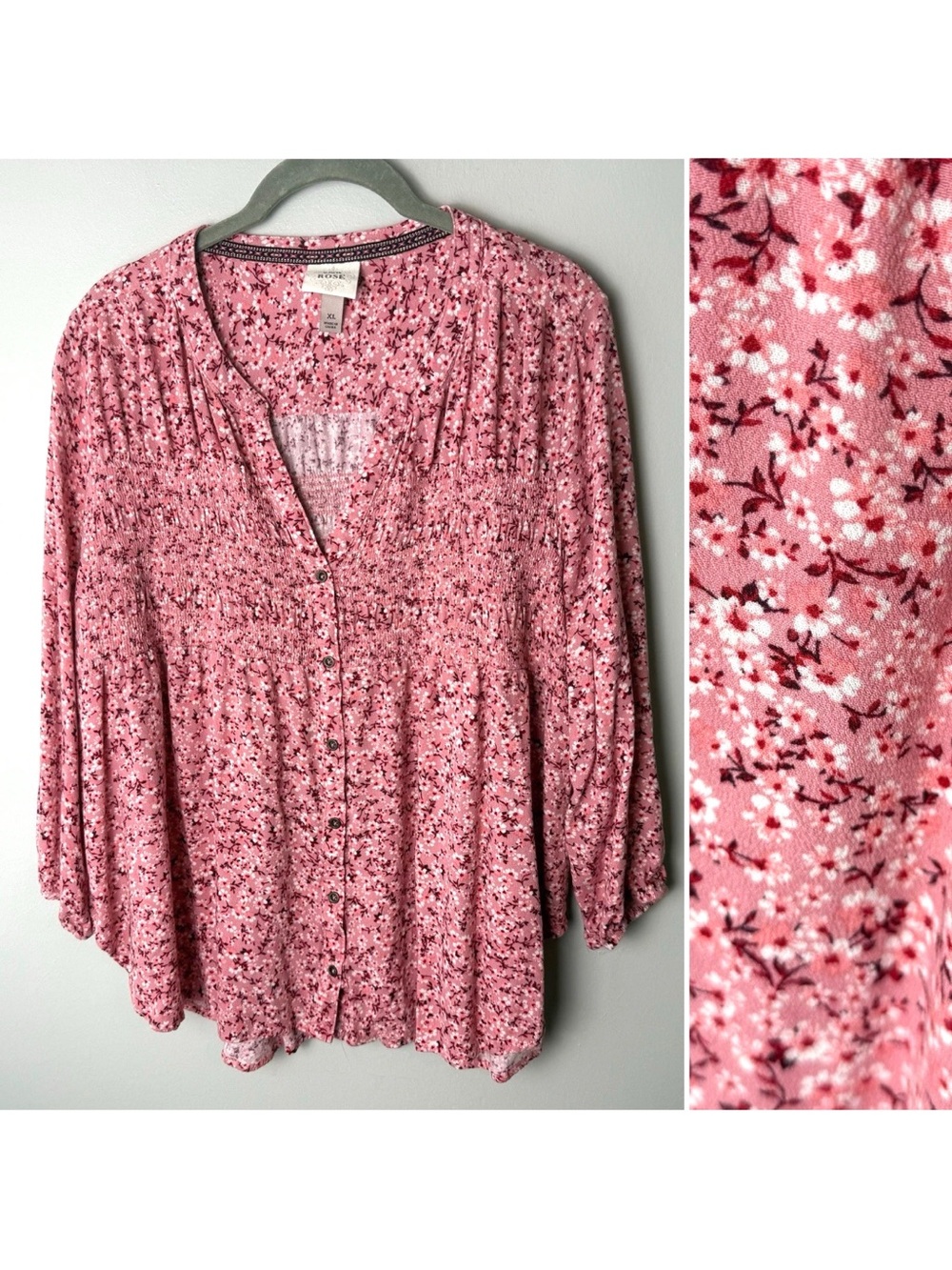Knox Rose Blouse Size Large Top 3/4 Sleeves Floral Smocked V-Neck Pink Red White